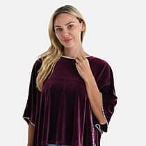 La Marey Pearl Detail Velvet Blouse (Size - S-M) - Dark Purple