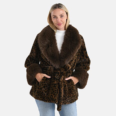 La Marey Luxury Leopard Print Belted Faux Fur Coat (One Size up to size 20 ) - Brown