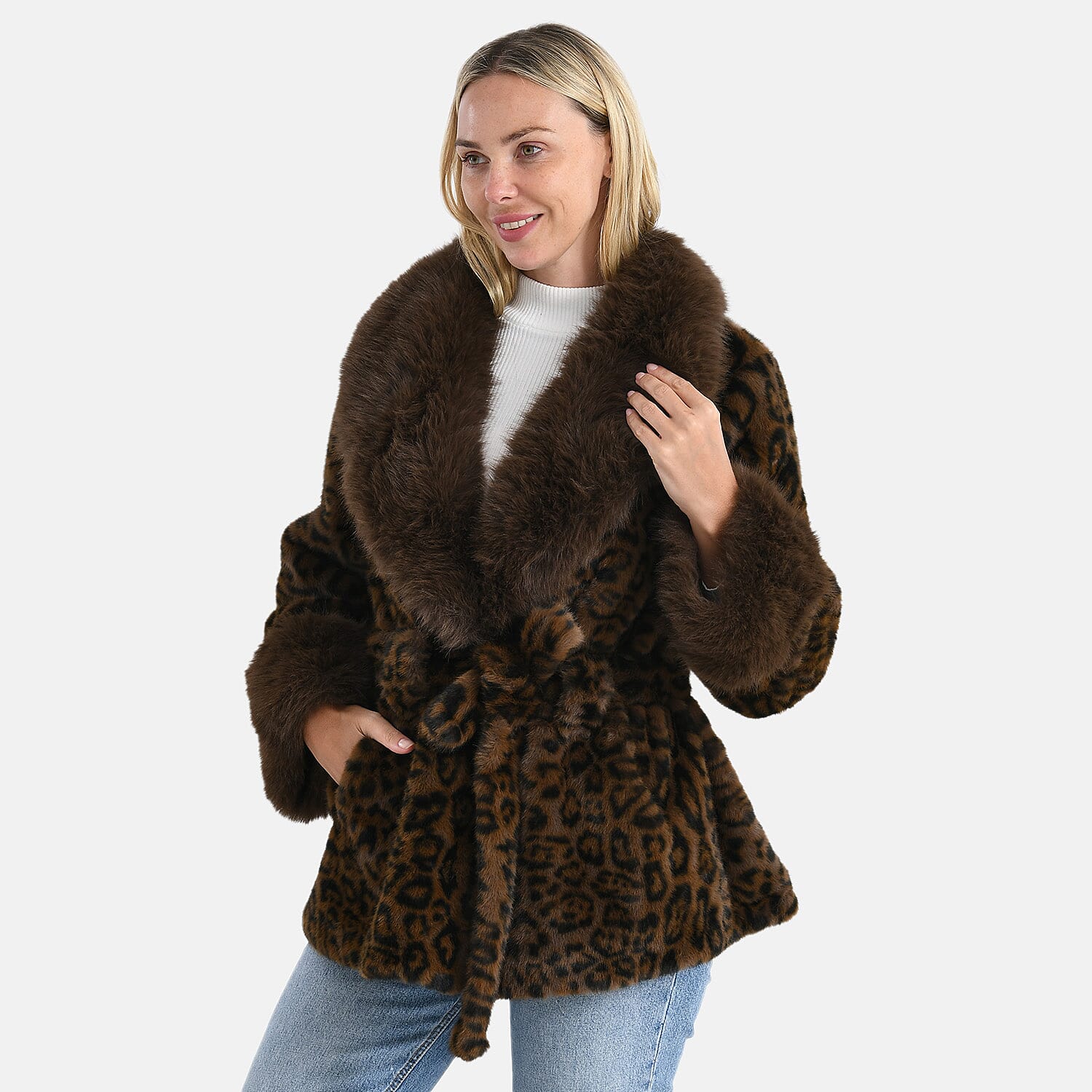 La Marey Luxury Leopard Print Belted Faux Fur Coat (One Size up to size 20 ) - Brown