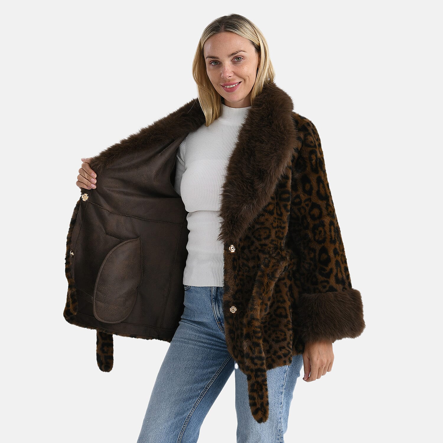 La Marey Luxury Leopard Print Belted Faux Fur Coat (One Size up to size 20 ) - Brown
