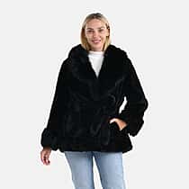La Marey Luxury Leopard Print Belted Faux Fur Coat (One Size up to size 20 ) - Black