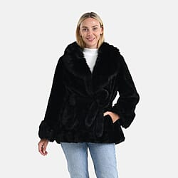 La Marey Luxury Belted Faux Fur Coat (Size upto 20 ) - Black