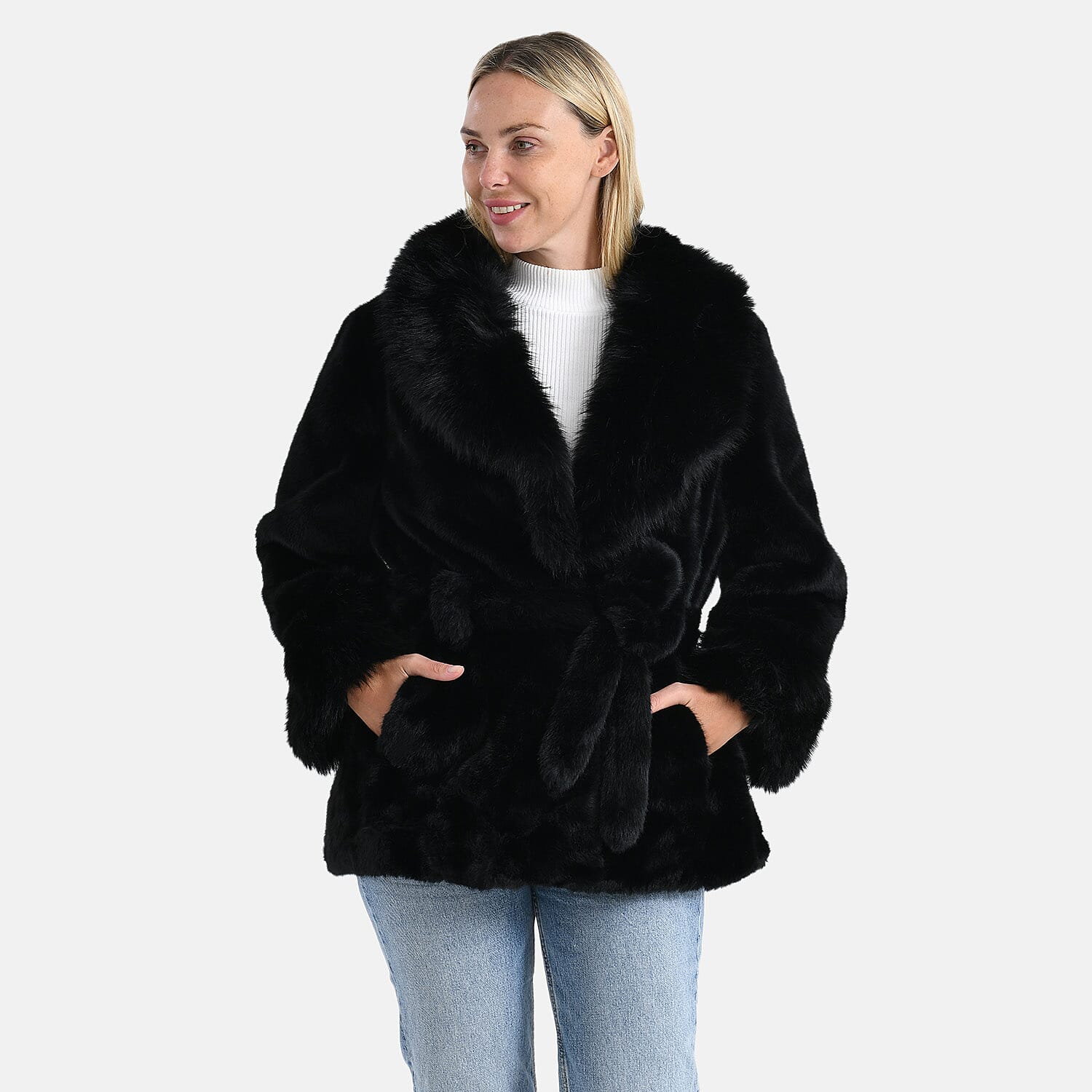 La Marey Luxury Leopard Print Belted Faux Fur Coat (One Size up to size 20 ) - Black