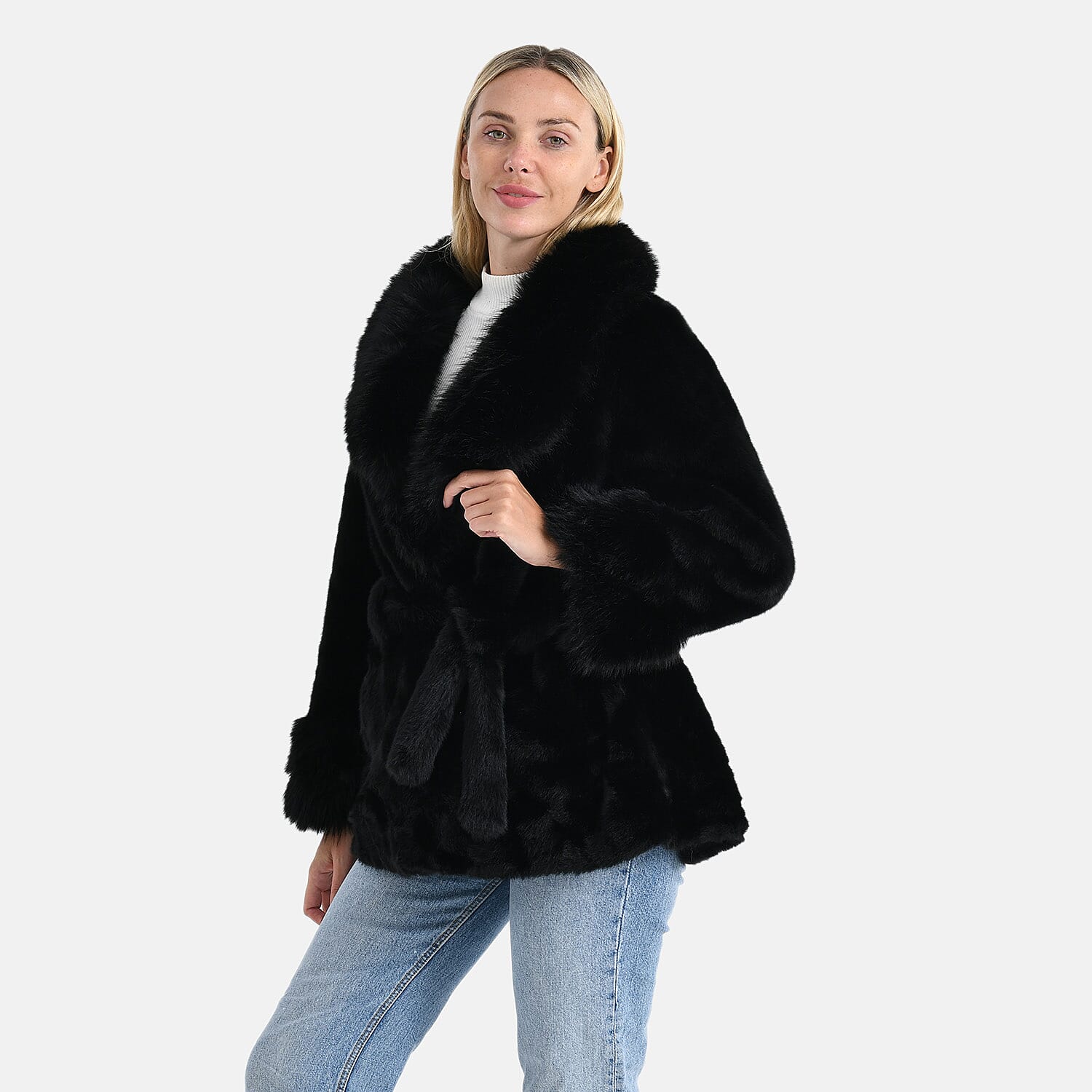 La Marey Luxury Leopard Print Belted Faux Fur Coat (One Size up to size 20 ) - Black