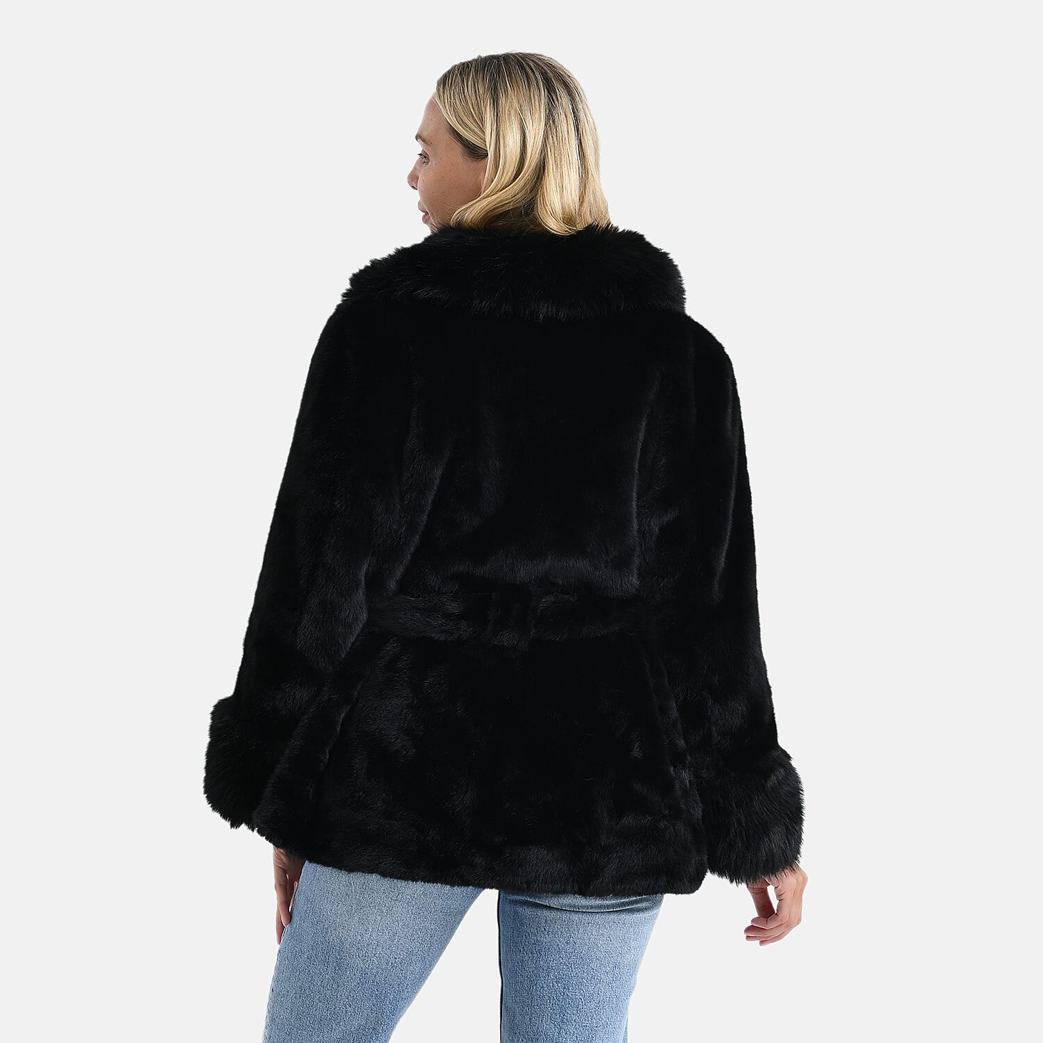 La Marey Luxury Leopard Print Belted Faux Fur Coat (One Size up to size 20 ) - Black