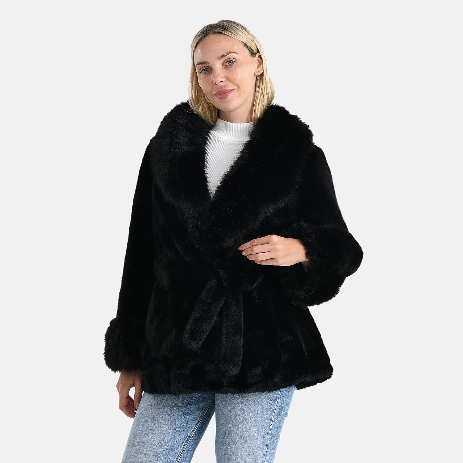 La Marey Luxury Leopard Print Belted Faux Fur Coat (One Size up to size 20 ) - Black