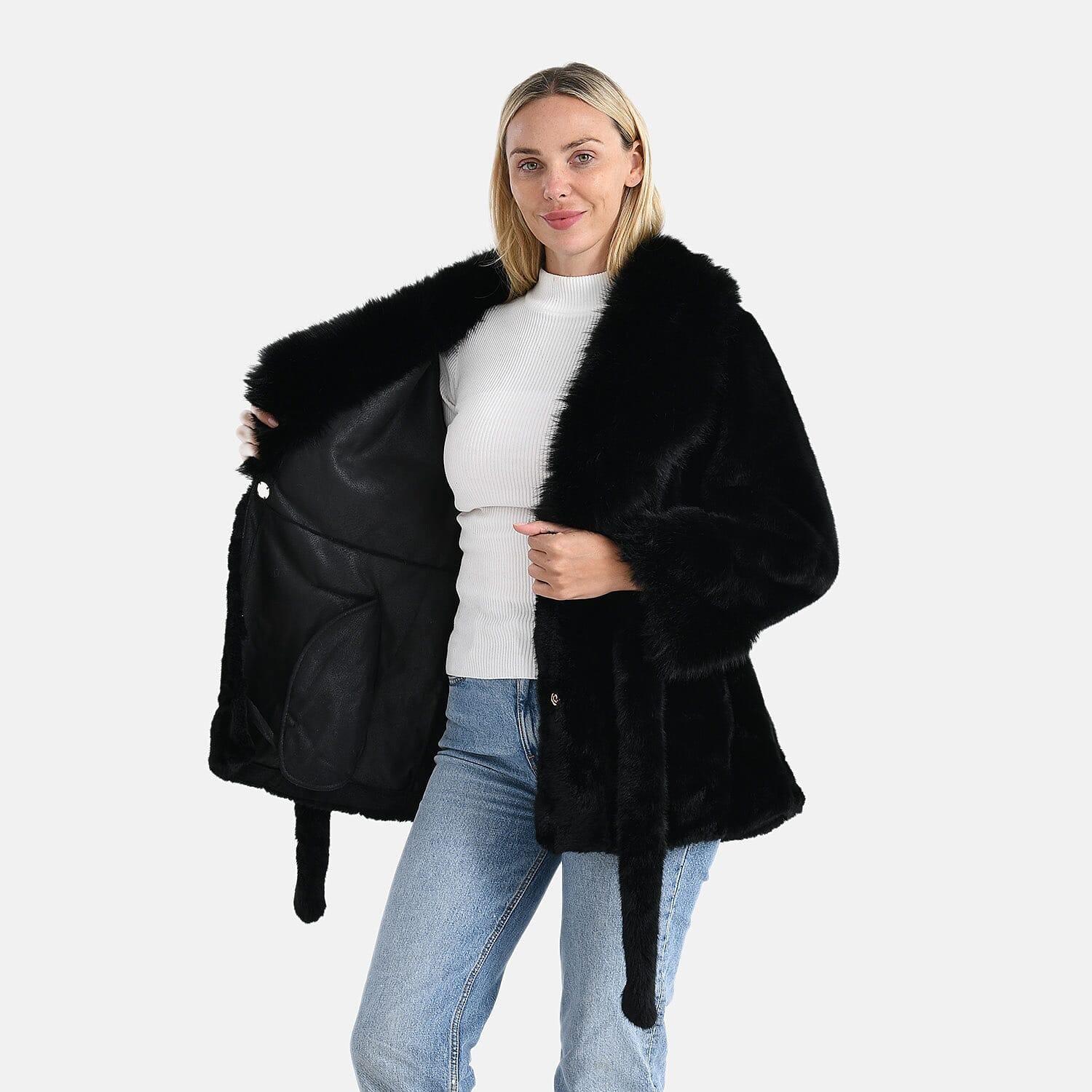 La Marey Luxury Leopard Print Belted Faux Fur Coat (One Size up to size 20 ) - Black