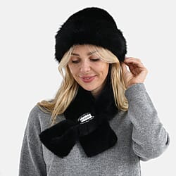 Faux Fur Scarf - Hat Two-Piece Set (One Size) - Black