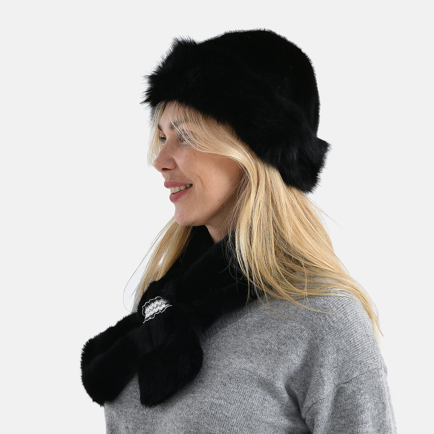 Faux Fur Scarf - Hat Two-Piece Set (One Size) - Black