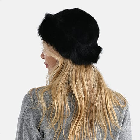 Faux Fur Scarf - Hat Two-Piece Set (One Size) - Black