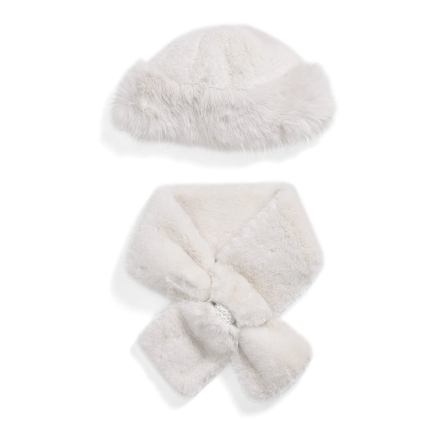Faux Fur Scarf - Hat Two-Piece Set (One Size) - White