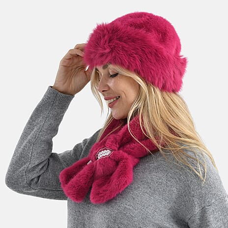 Faux Fur Scarf - Hat Two-Piece Set (One Size) - Pink