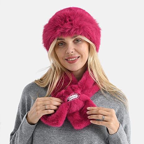Faux Fur Scarf - Hat Two-Piece Set (One Size) - Pink