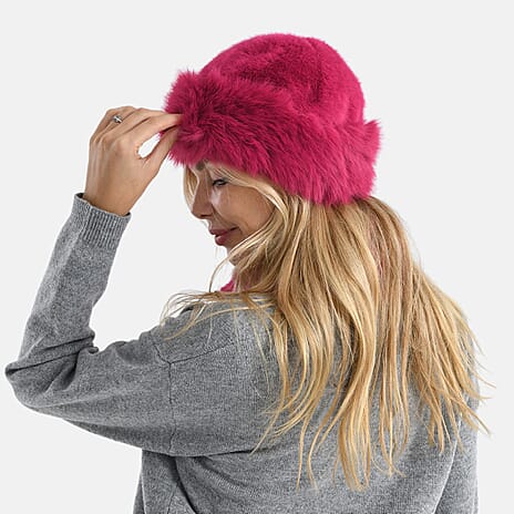 Faux Fur Scarf - Hat Two-Piece Set (One Size) - Pink
