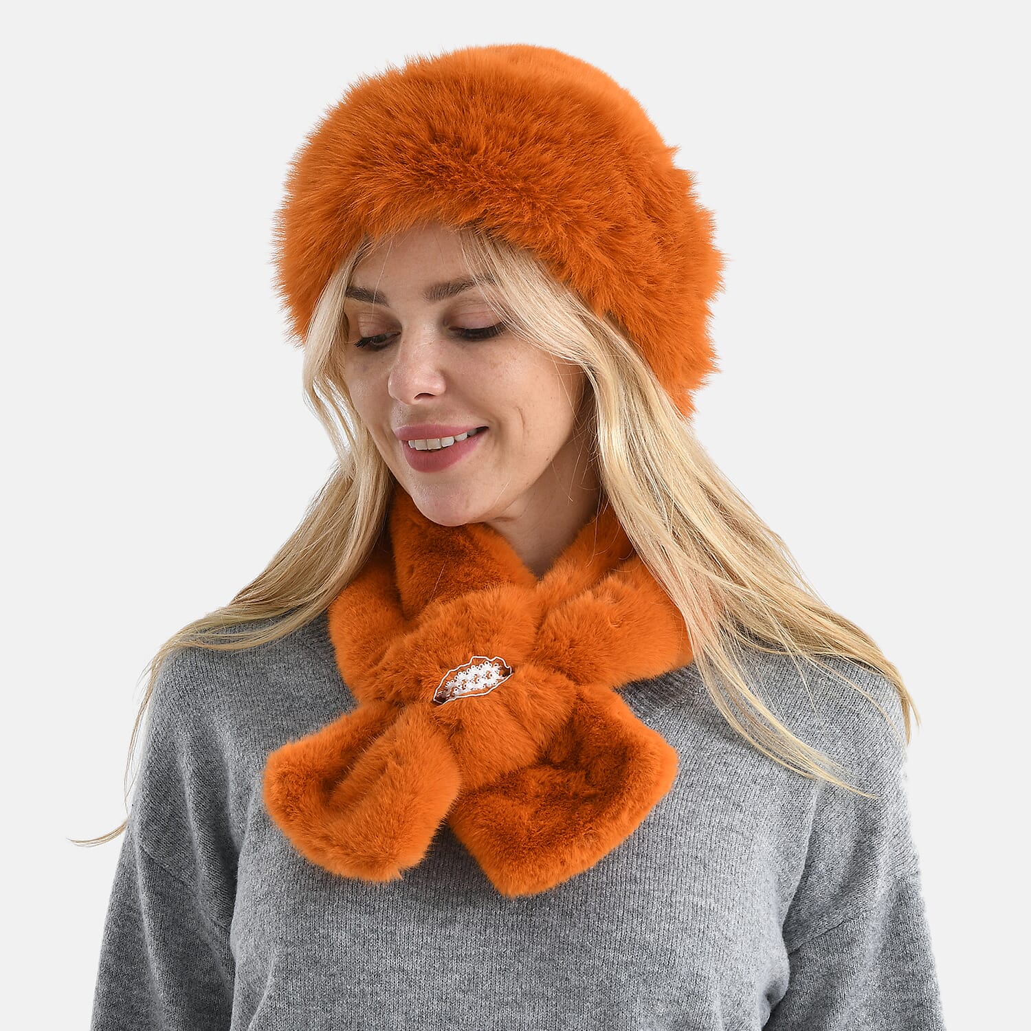 Faux-Fur-Scarf-Hat-Two-Piece-Set-One-Size-Orange