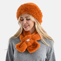 Faux Fur Scarf - Hat Two-Piece Set (One Size) - Orange
