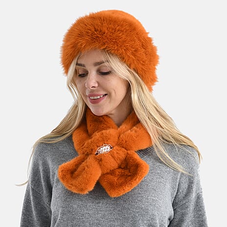 Faux Fur Scarf - Hat Two-Piece Set (One Size) - Orange