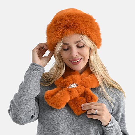 Faux Fur Scarf - Hat Two-Piece Set (One Size) - Orange