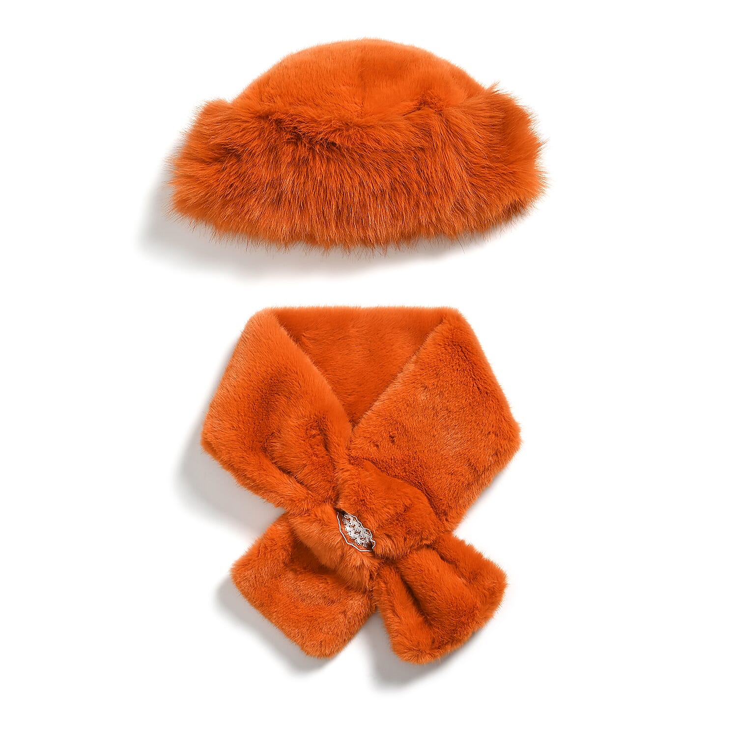 Faux Fur Scarf - Hat Two-Piece Set (One Size) - Orange