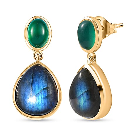 EverTrue Labradorite & Green Onyx Stud Push Post Earring in Yellow Gold Plated 11.73 Ct.
