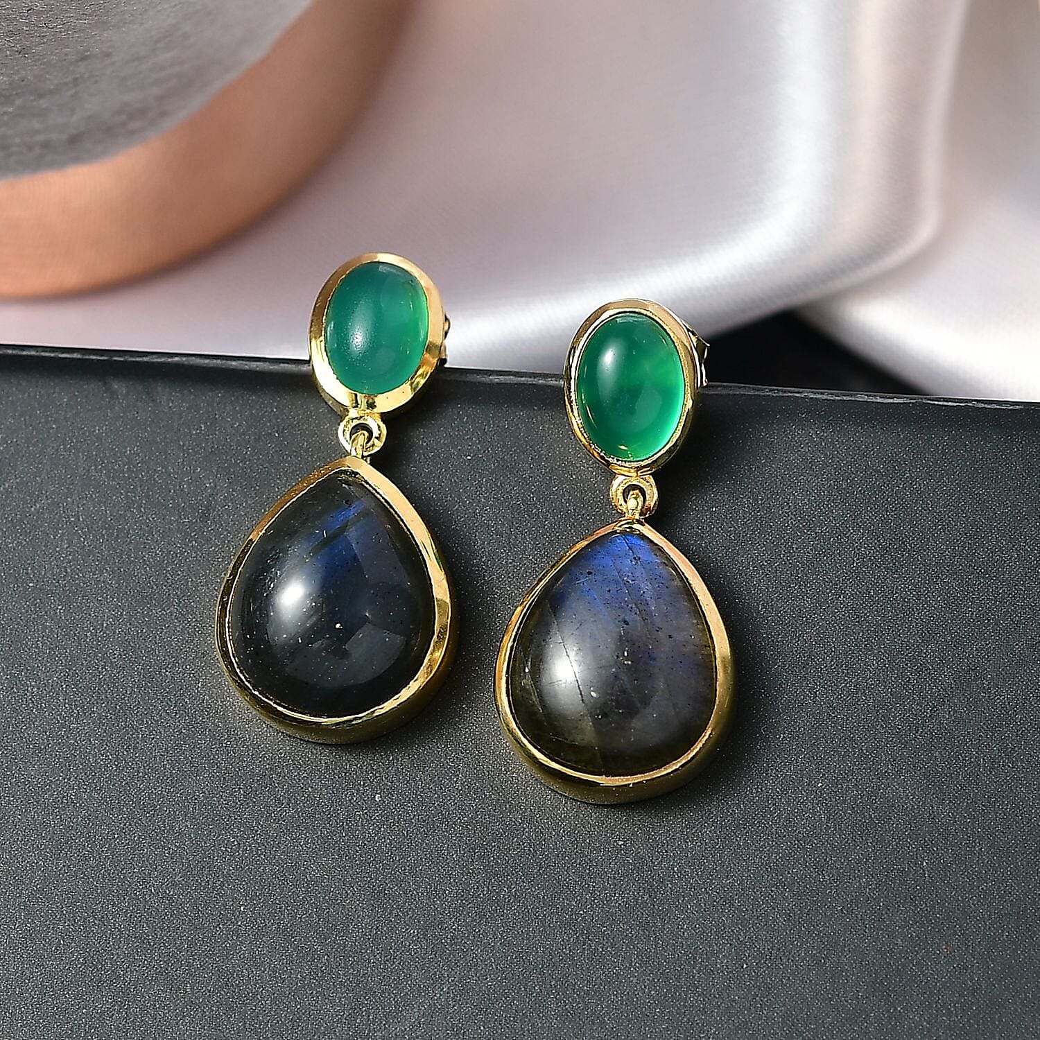 EverTrue Labradorite & Green Onyx Stud Push Post Earring in Yellow Gold Plated 11.73 Ct.