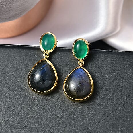 EverTrue Labradorite & Green Onyx Stud Push Post Earring in Yellow Gold Plated 11.73 Ct.