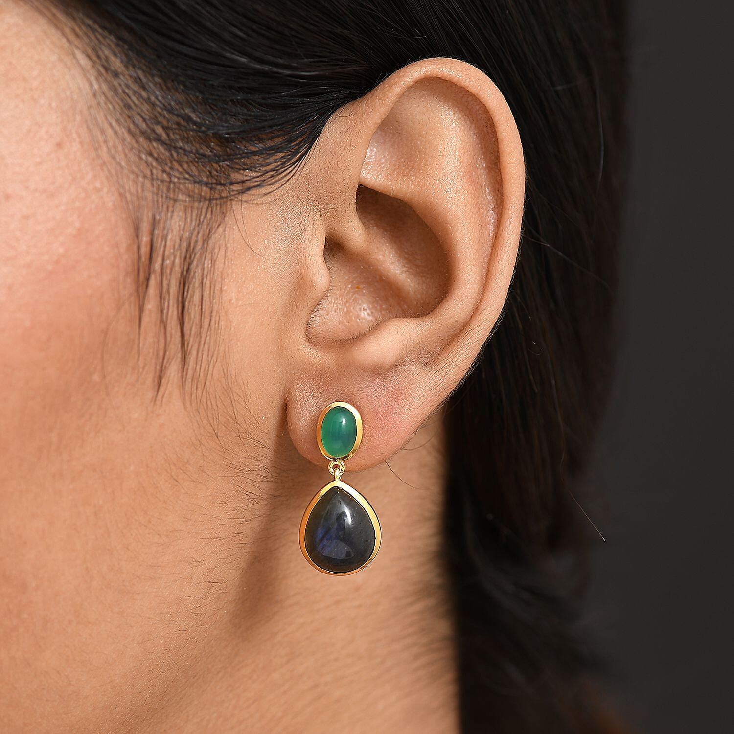 EverTrue Labradorite & Green Onyx Stud Push Post Earring in Yellow Gold Plated 11.73 Ct.