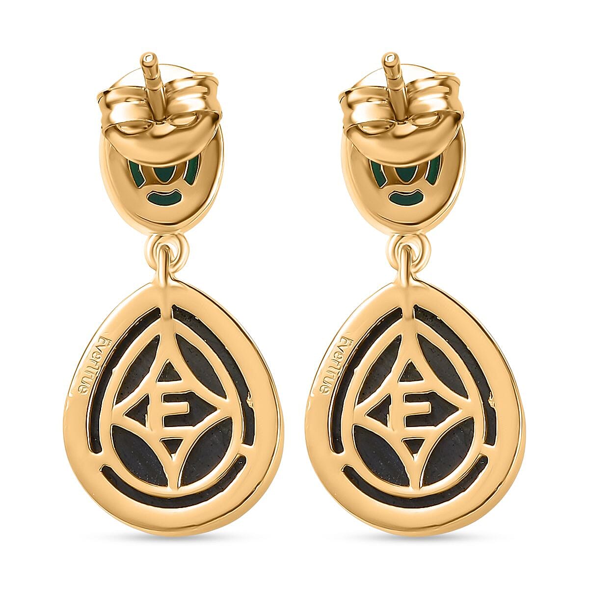 EverTrue Labradorite & Green Onyx Stud Push Post Earring in Yellow Gold Plated 11.73 Ct.