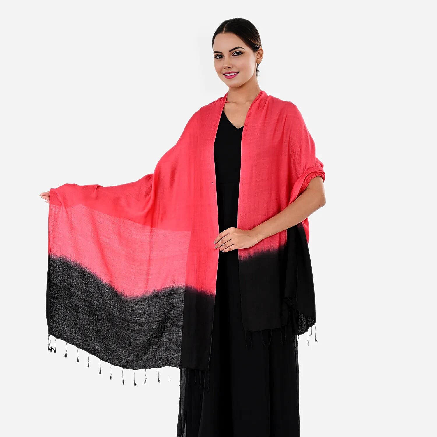Tamsy Dual Shade Ombre Stole (Size 210 x 70 cm) - Rose Red & Black