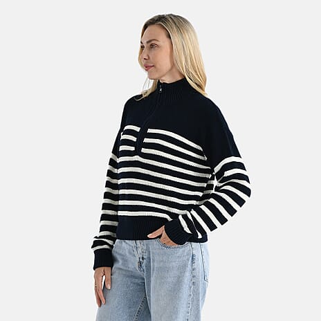 - Maisi Striped Half-Zip Jumper (Size - L-XL) - Navy