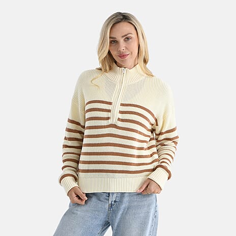 - Maisi Striped Half-Zip Jumper (Size - S-M) - Beige