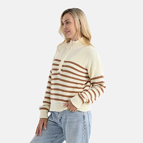 - Maisi 100% Cotton Striped Half-Zip Jumper (Size - L-XL) - Beige