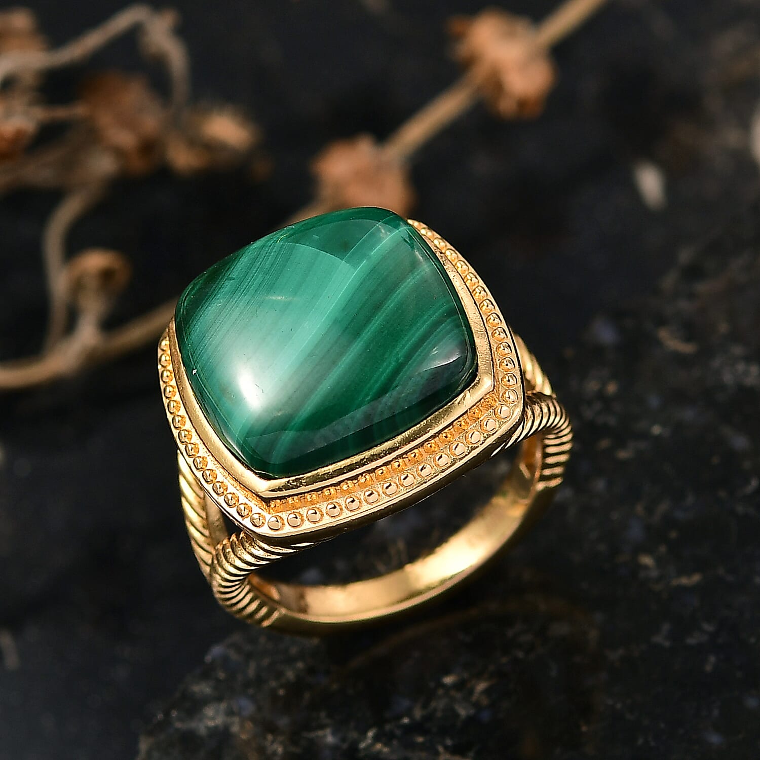 EverTrue Malachite Solitaire Ring in Yellow Gold Tone 15.80 Ct.