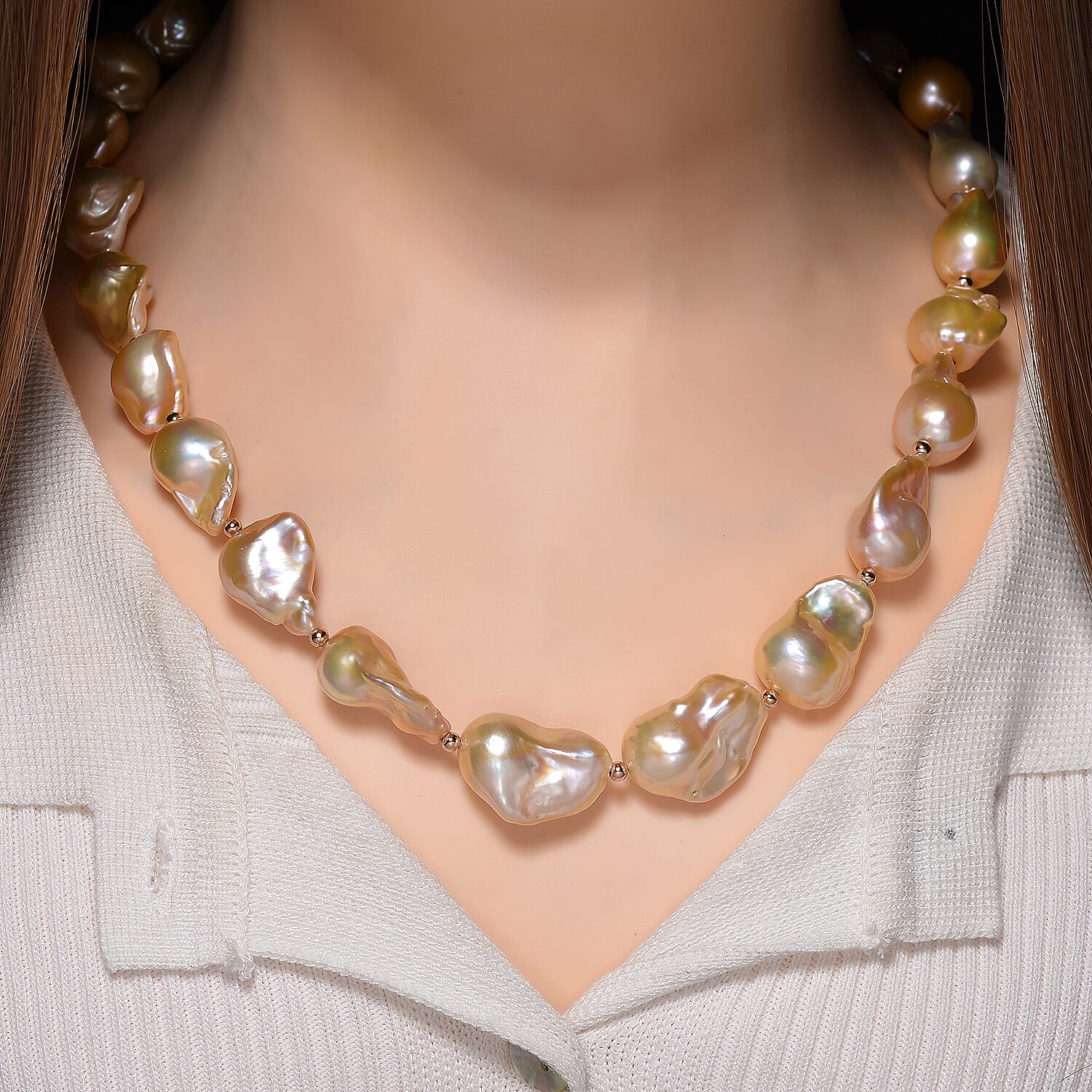 Fifth Avenue Closeout - AAA Golden Baroque Pearl Necklace (Size 20 - 2 Ext) in Rose Gold Plated Sterling Silver 460.75 Ct.