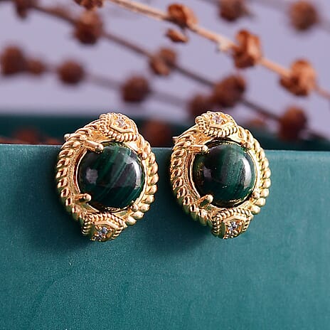 Malachite & White Zircon Solitaire Stud Push Post Earring in Yellow Gold Plated 5.76 Ct.