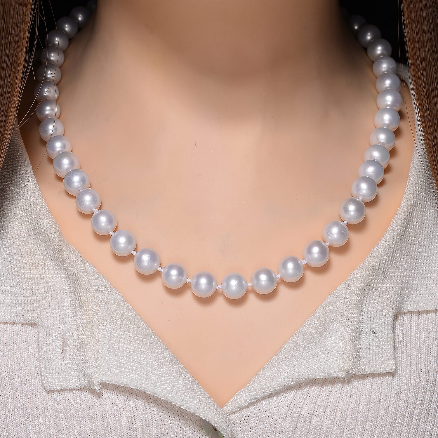 AAA Rare Size Edison Pearl (10mm) Necklace (Size 30) in Rhodium Overlay Sterling Silver