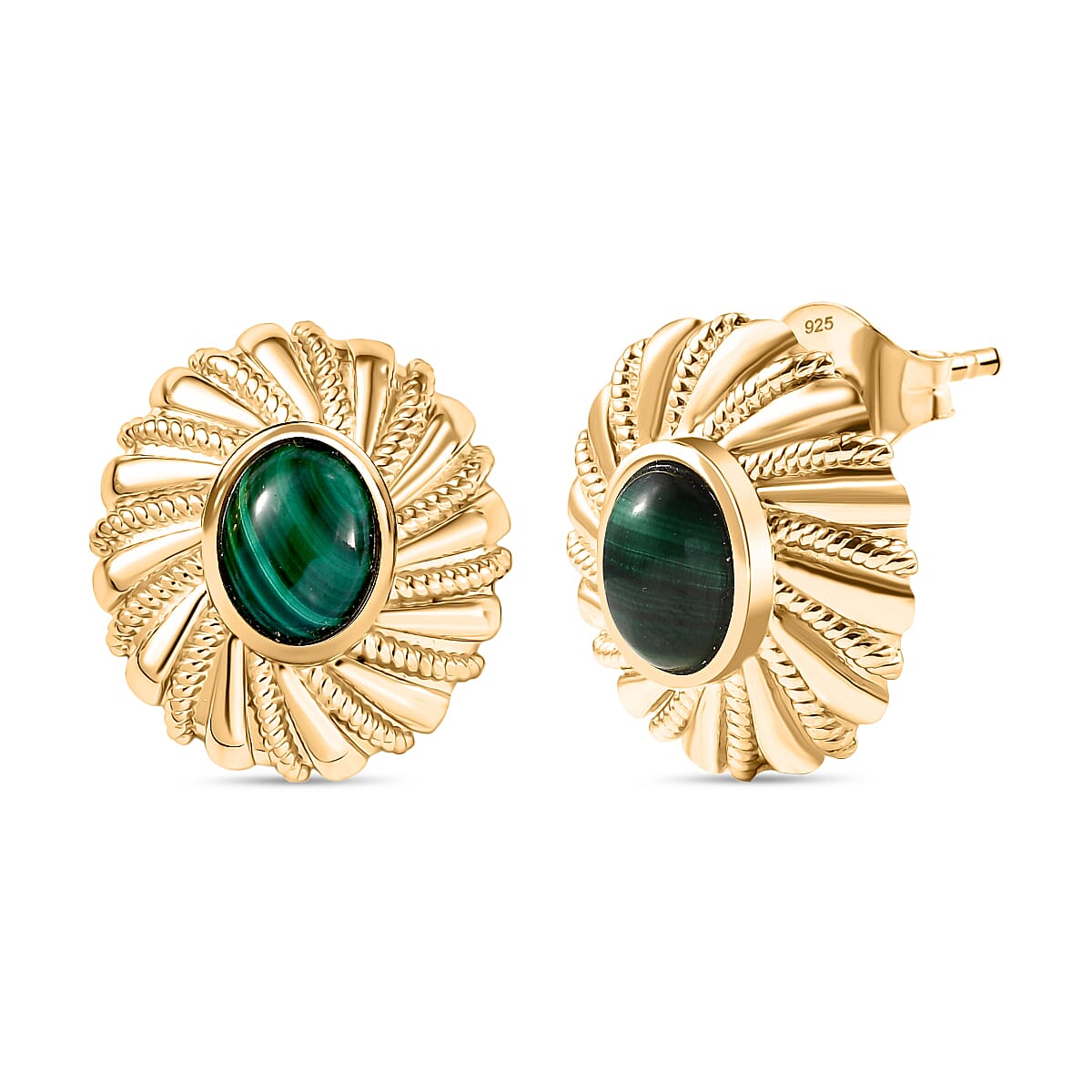Designer Inspired - Antique Style Malachite Stud Earrings with Push Back in Yellow Gold Plated 5.24 Ct.
