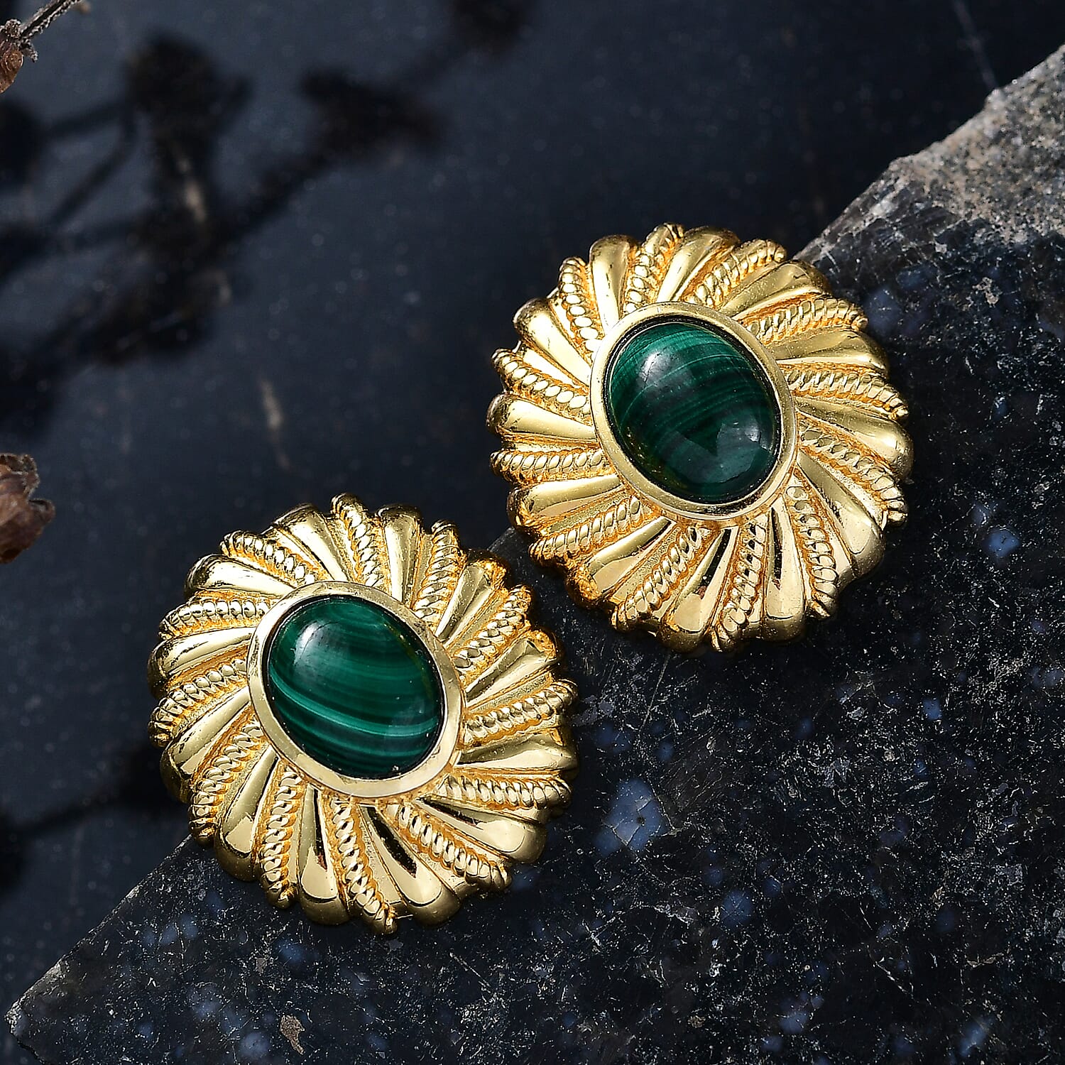 Designer Inspired - Antique Style Malachite Stud Earrings with Push Back in Yellow Gold Plated 5.24 Ct.