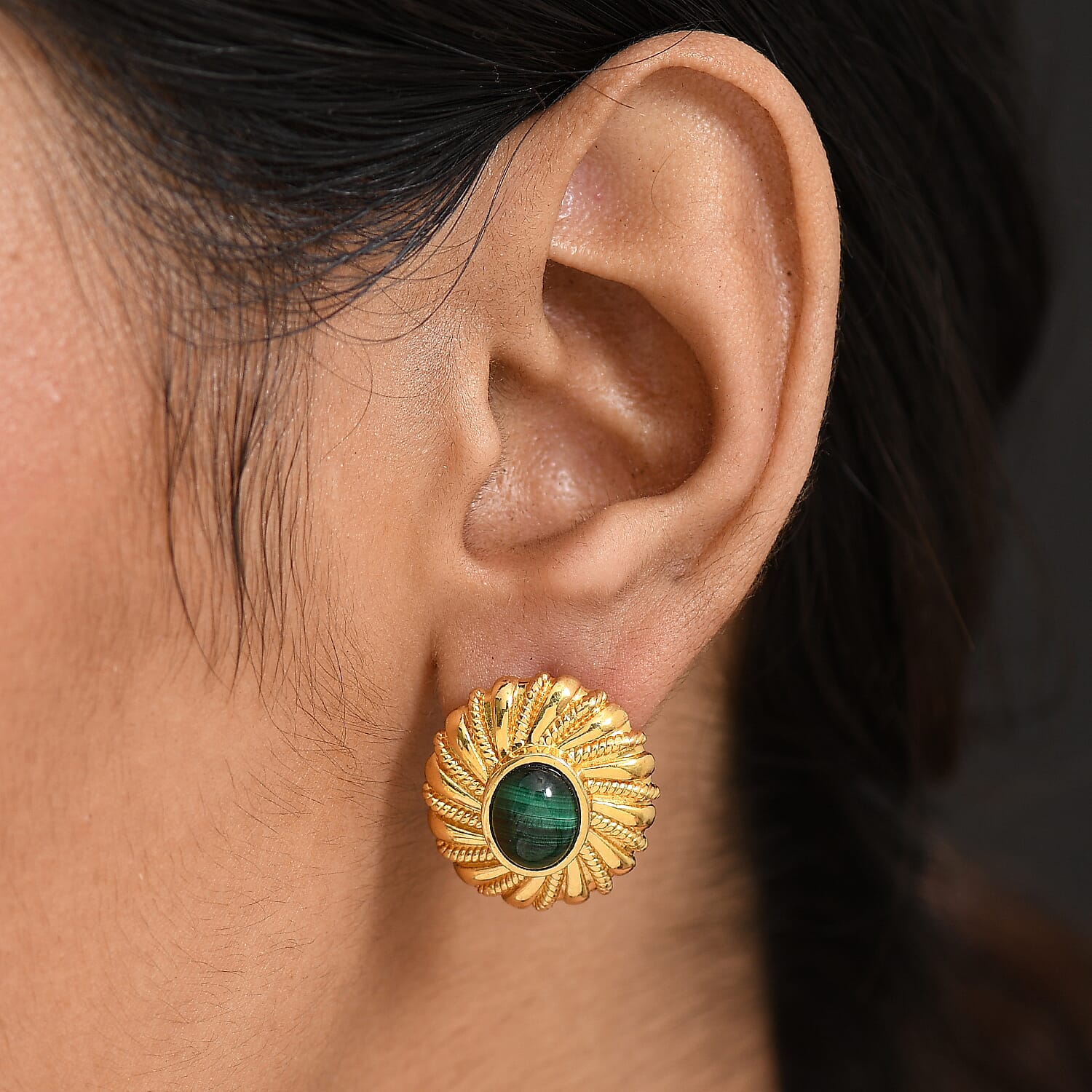 Designer Inspired - Antique Style Malachite Stud Earrings with Push Back in Yellow Gold Plated 5.24 Ct.