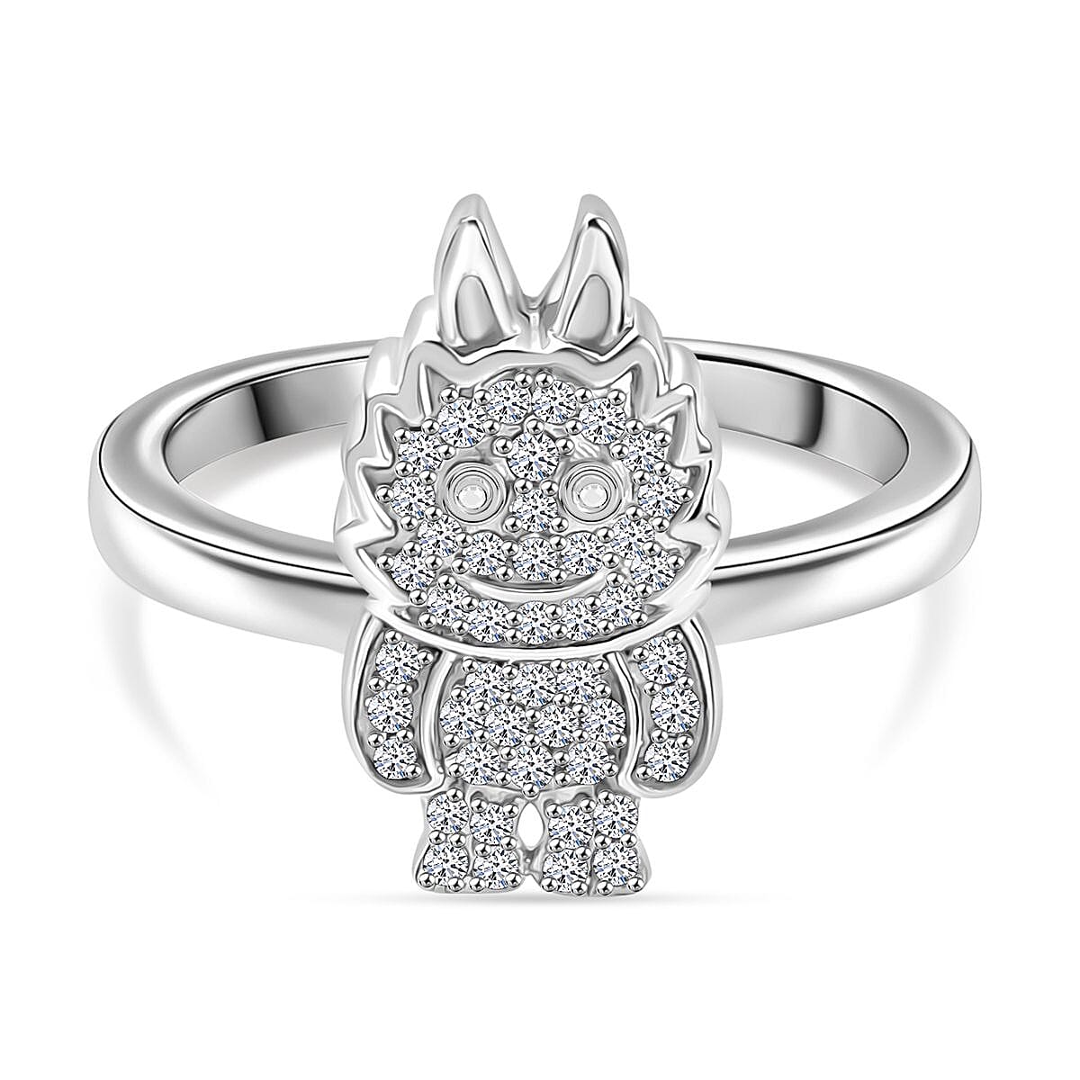 Luxuriant Round Cut Lab Grown Diamond (SI-GH) Labubu Ring in Rhodium Overlay Sterling Silver 0.25 Ct.