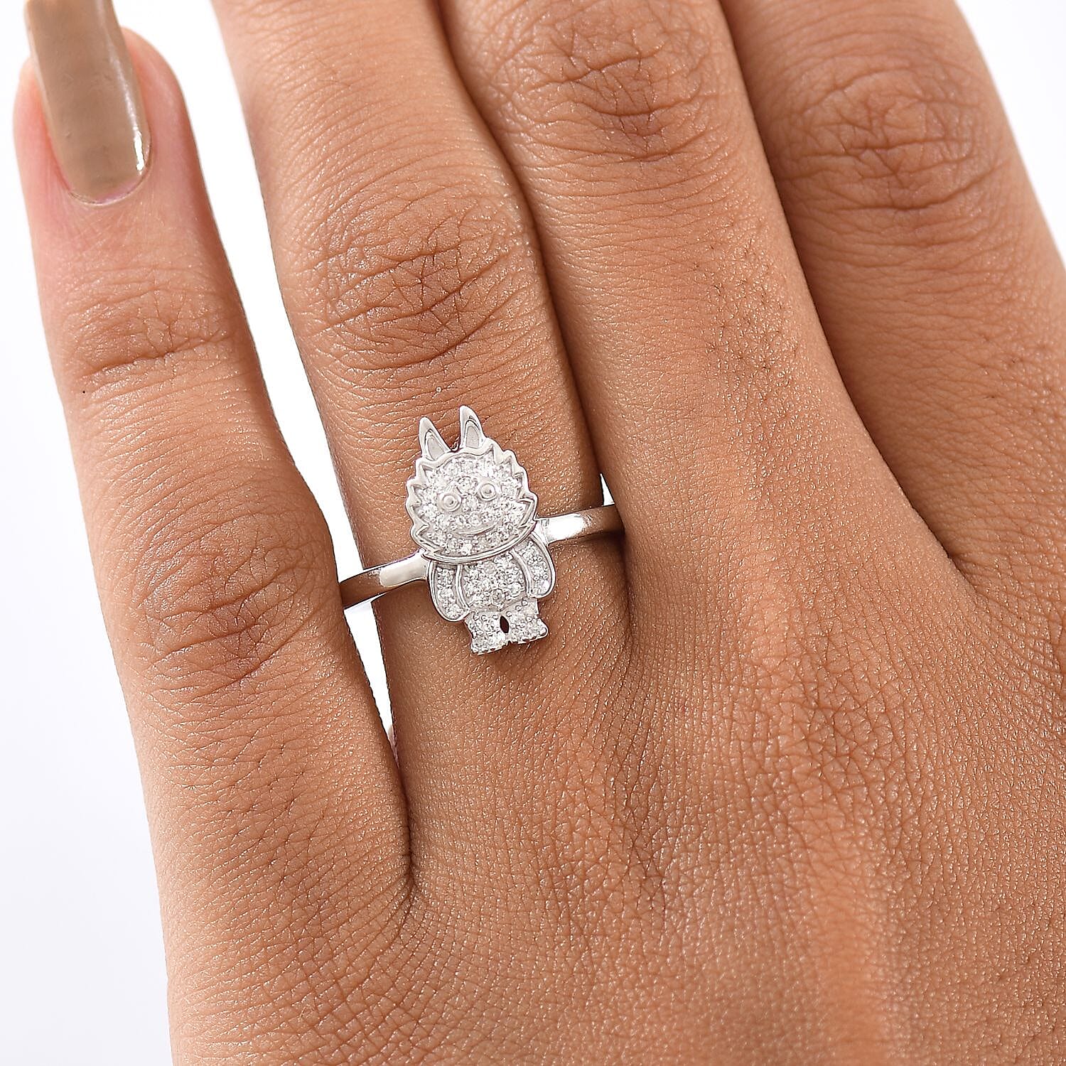 Luxuriant Round Cut Lab Grown Diamond (SI-GH) Labubu Ring in Rhodium Overlay Sterling Silver 0.25 Ct.