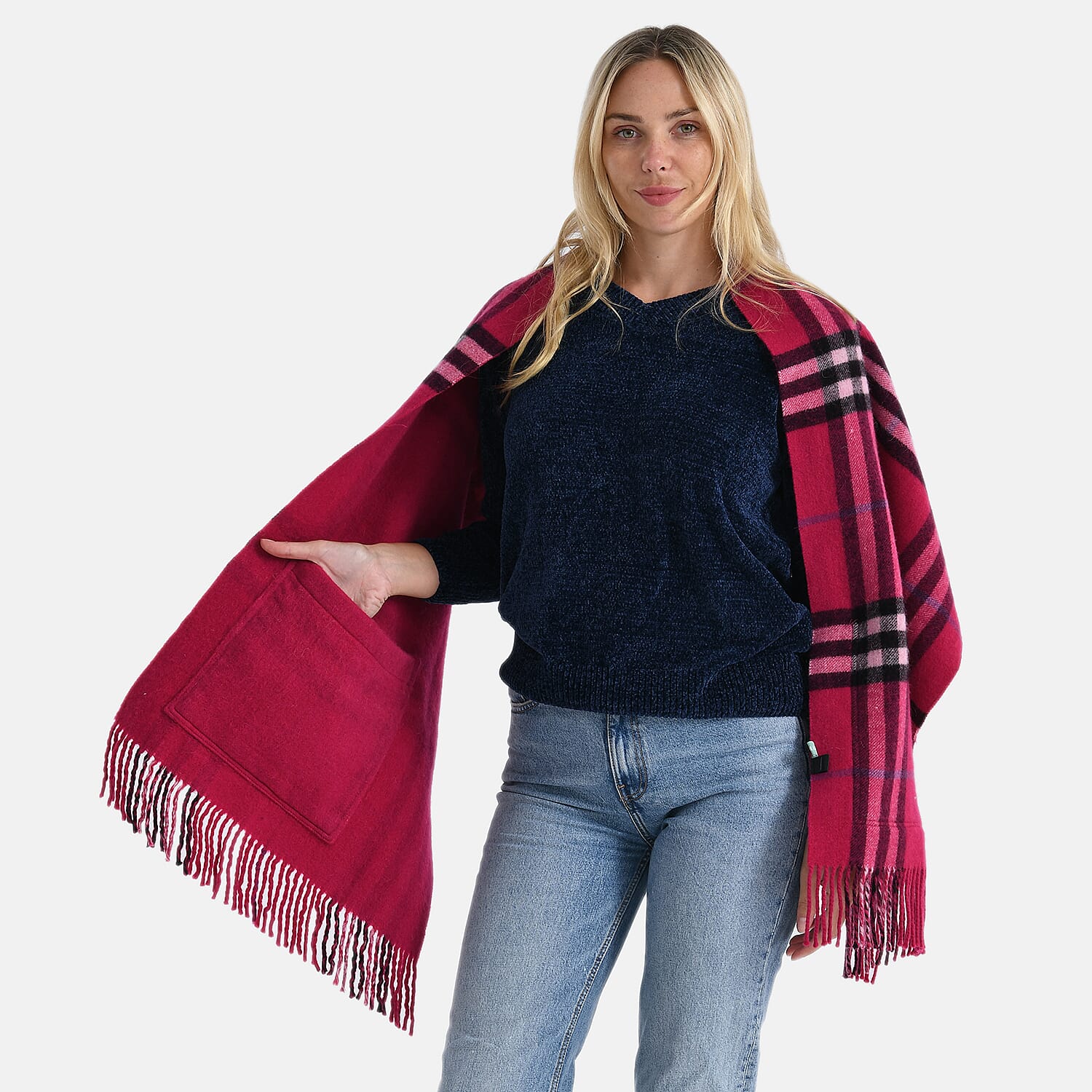 La Marey 100% Merino Wool Checked Scarf (190 x 50 cm) - Pink