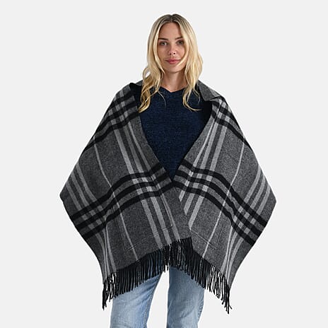La Marey 100% Merino Wool Checked Scarf (190 x 50 cm) - Black