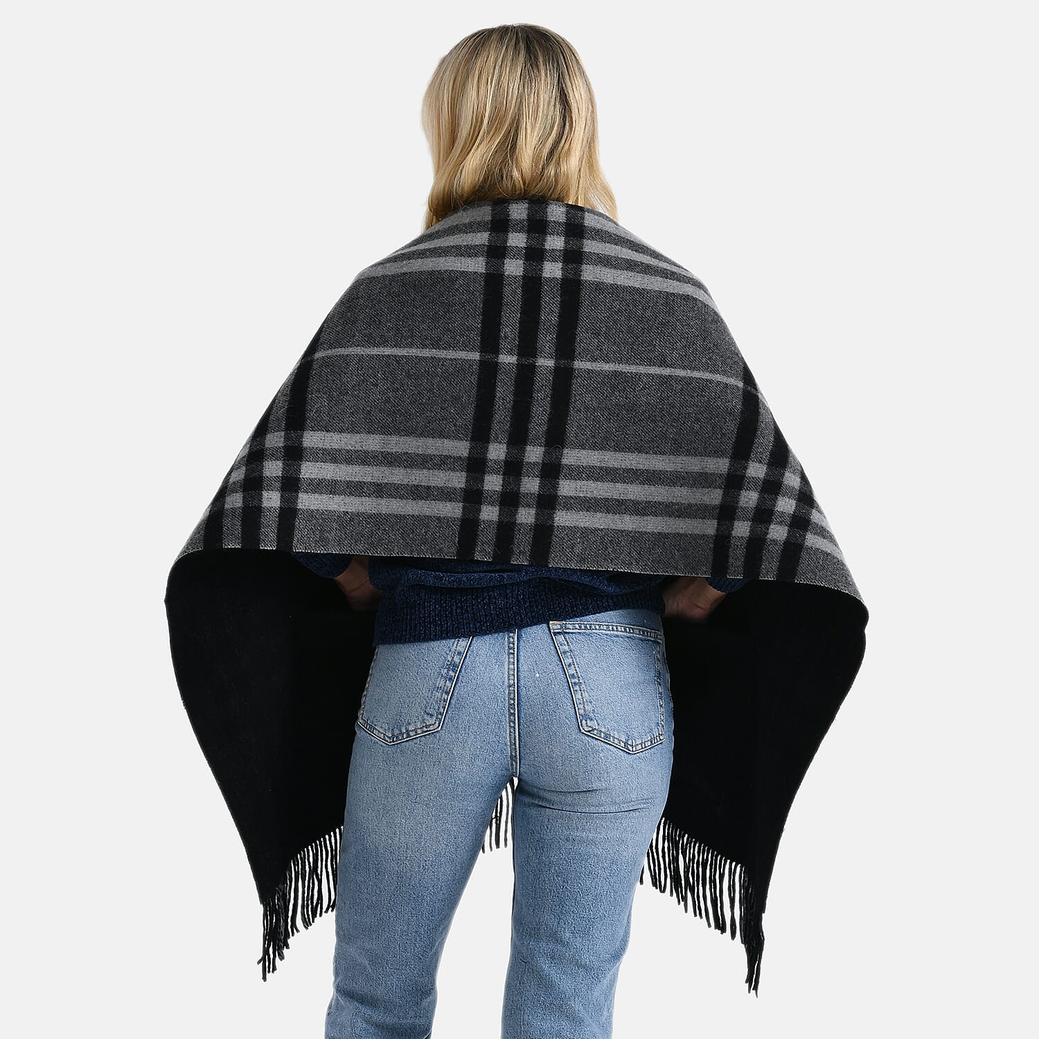 La Marey 100% Merino Wool Checked Scarf (190 x 50 cm) - Black
