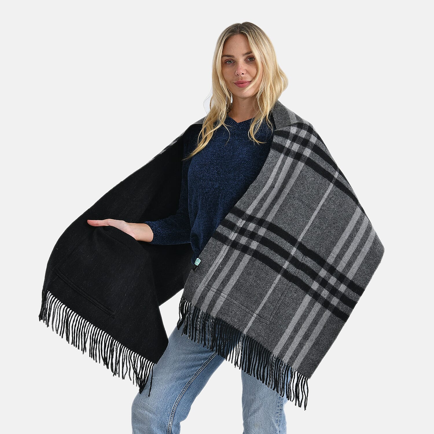 La Marey 100% Merino Wool Checked Scarf (190 x 50 cm) - Black