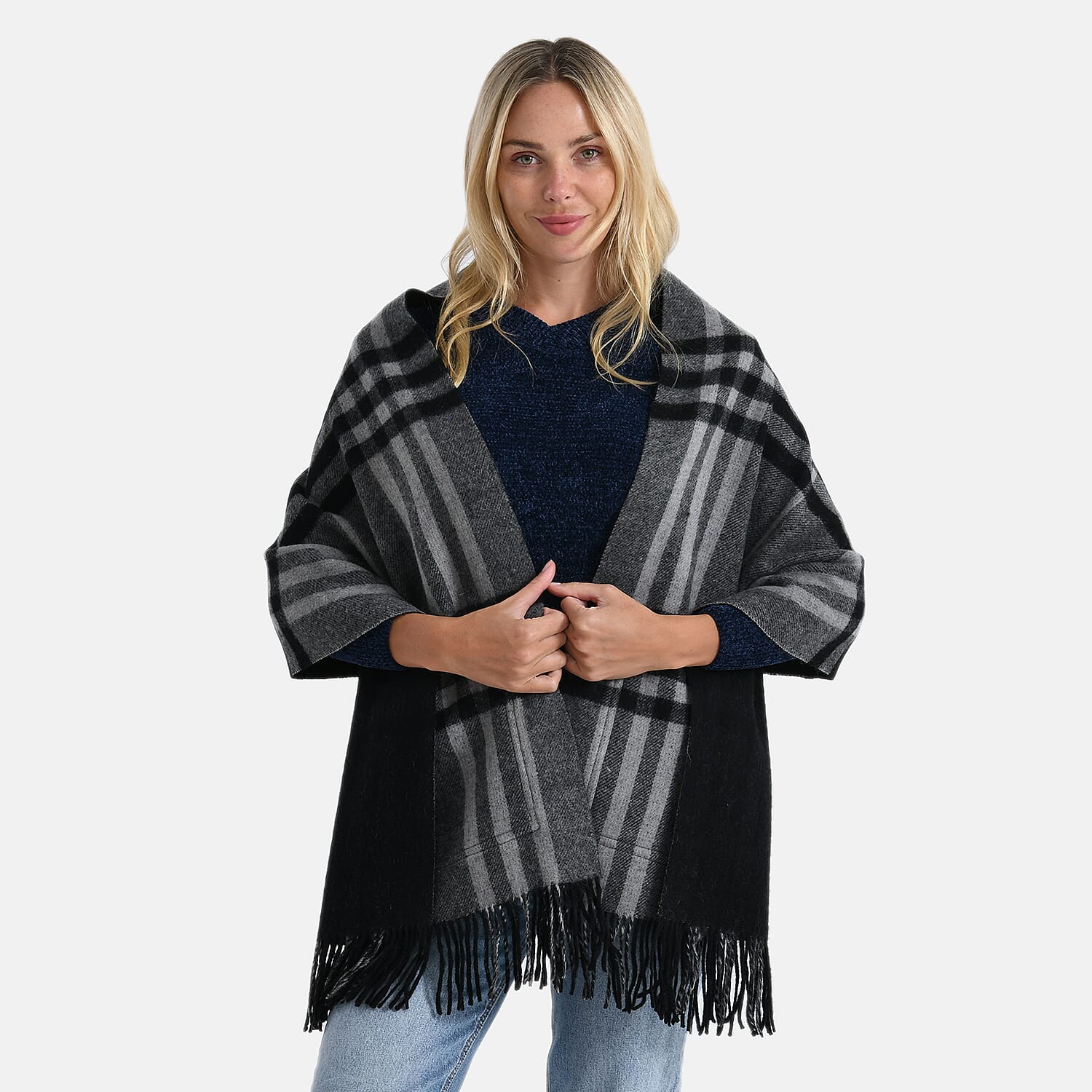 La Marey 100% Merino Wool Checked Scarf (190 x 50 cm) - Black