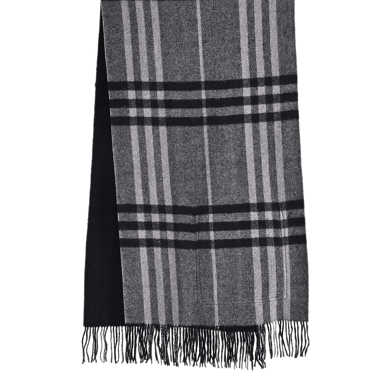 La Marey 100% Merino Wool Checked Scarf (190 x 50 cm) - Black