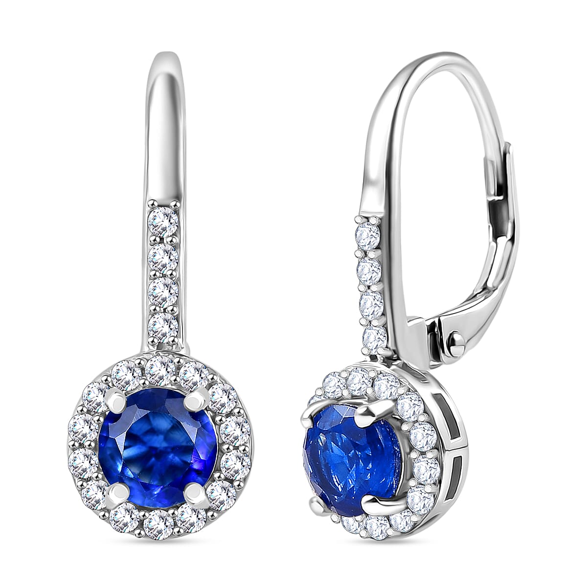 D'Joy Kashmir Kyanite & White Zircon Solitaire Lever Back Earring in Platinum Overlay Sterling Silver 1.79 Ct.