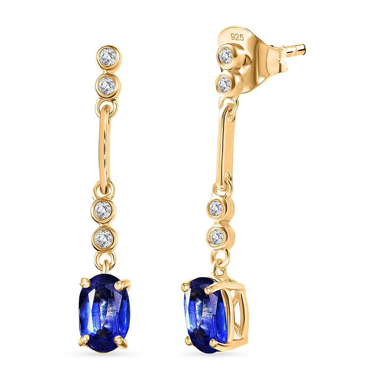 Natural Kashmir Kyanite & White Zircon Dangling Earring in 18K Yellow Gold Plated Sterling Silver 2.43 Ct.