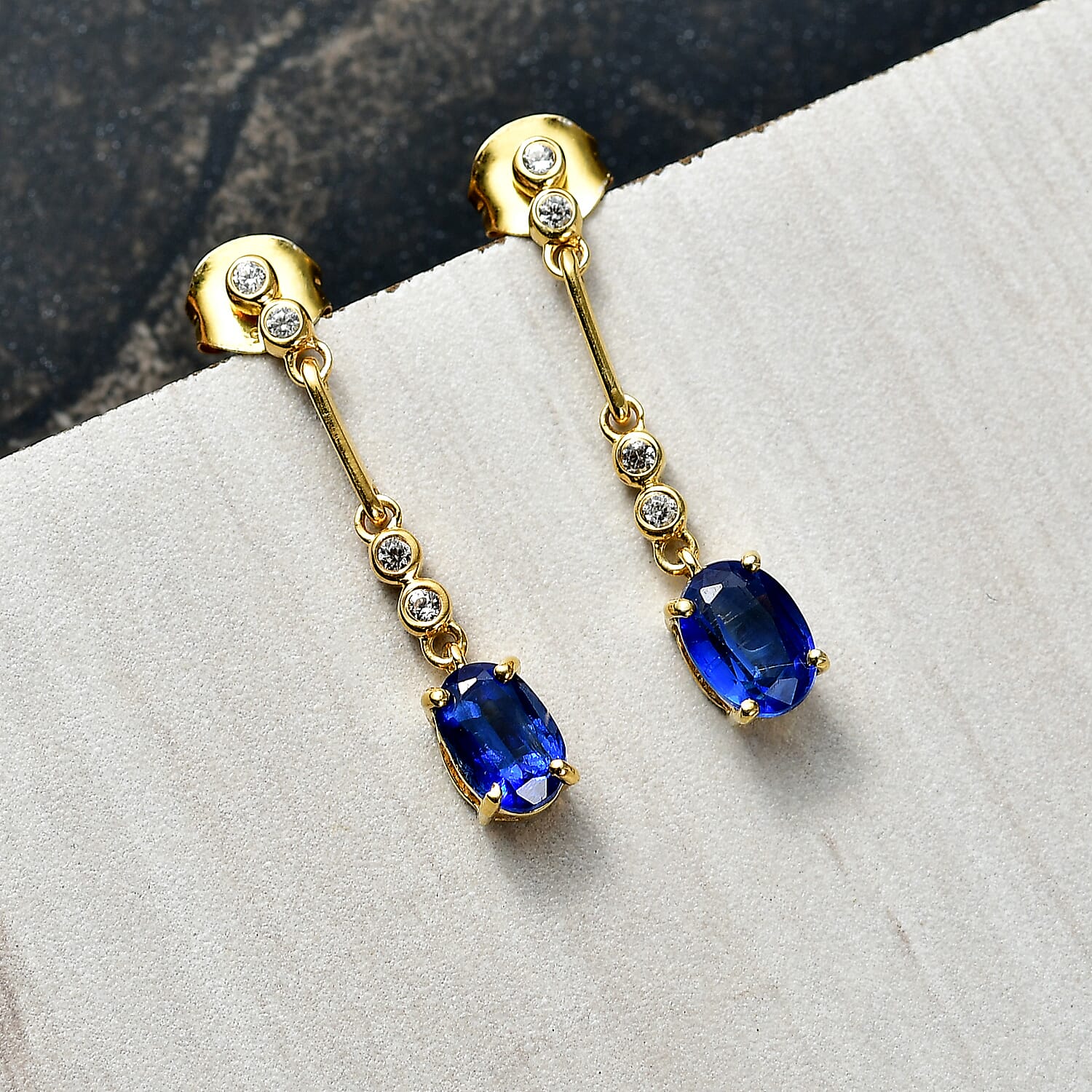 Natural Kashmir Kyanite & White Zircon Dangling Earring in 18K Yellow Gold Plated Sterling Silver 2.43 Ct.